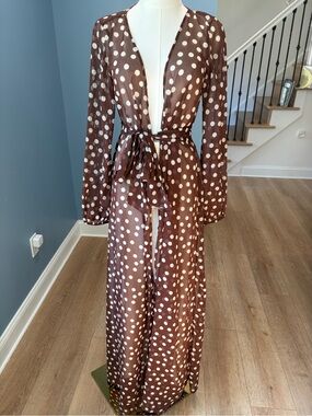 ASOS Brown Cream Polka Dot Sheer Duster Robe Kimono Tie Waist US 4